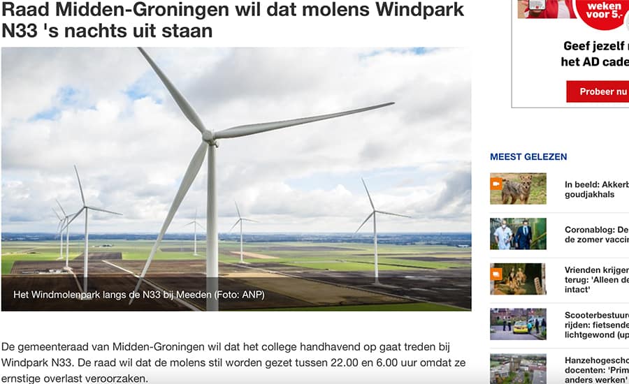 Raad Midden-Groningen wil dat windturbines windpark 's nachts uitgaan